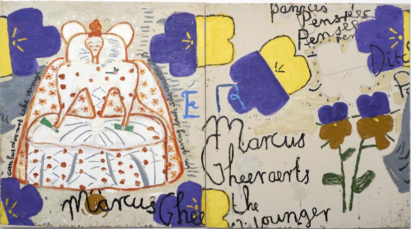 Rose Wylie, Queen with Pansies (Dots), 2016